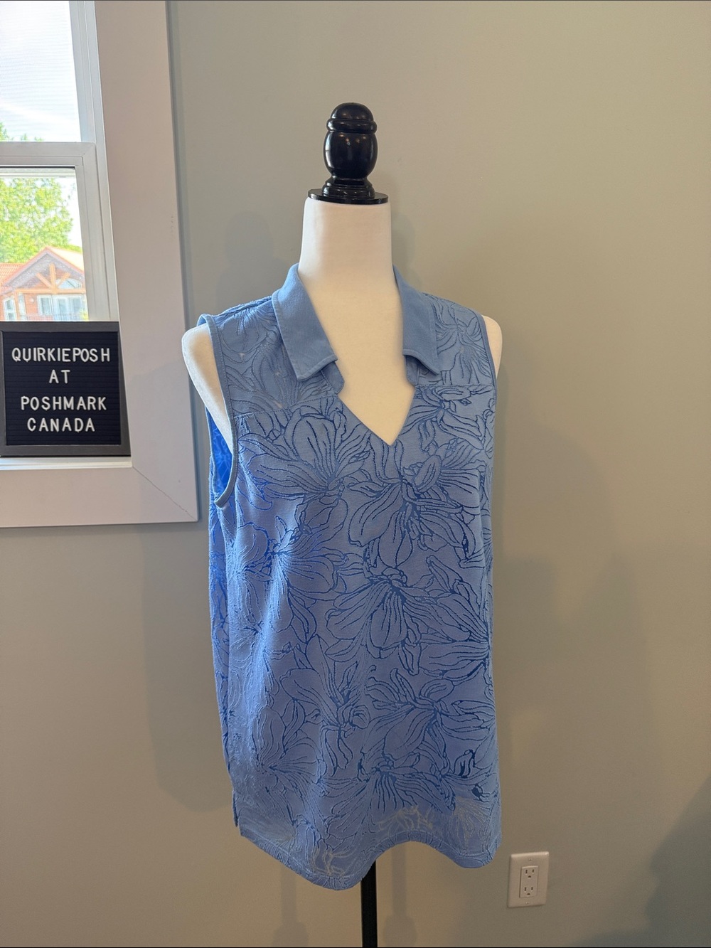 Tribal Sleeveless Collared V-Neck Tank — Light Blue Floral